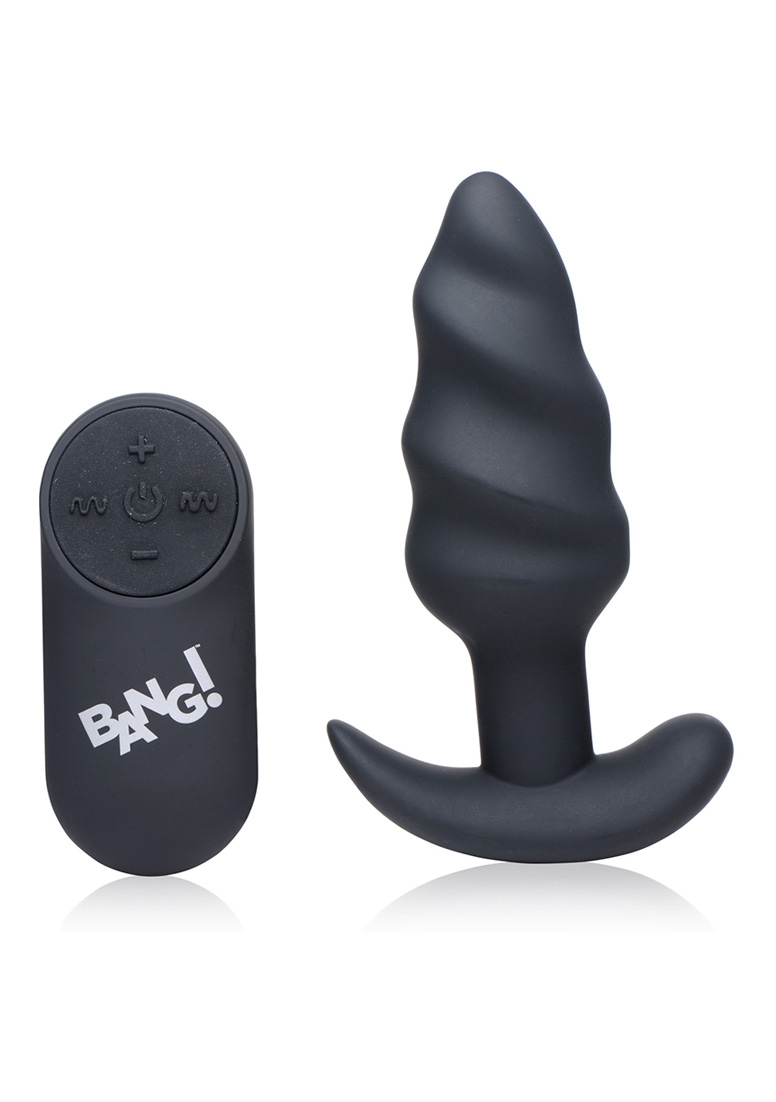 21X Vibrating Silicone Swirl Butt Plug with Remote - Black