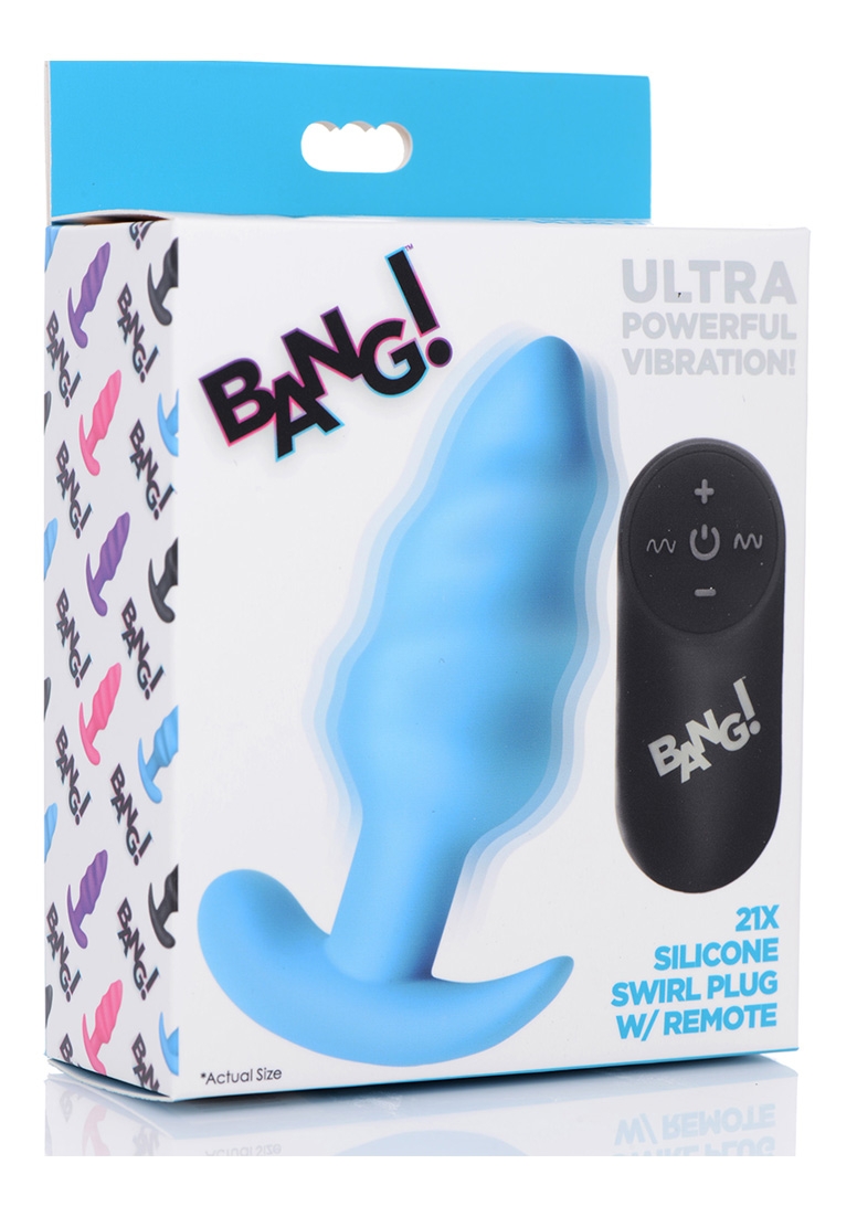 21X Vibrating Silicone Swirl Butt Plug with Remote - Blue