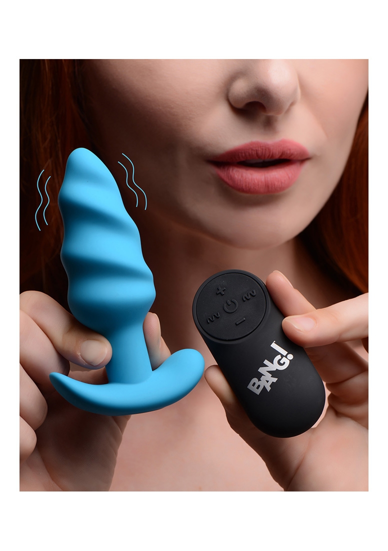 21X Vibrating Silicone Swirl Butt Plug with Remote - Blue