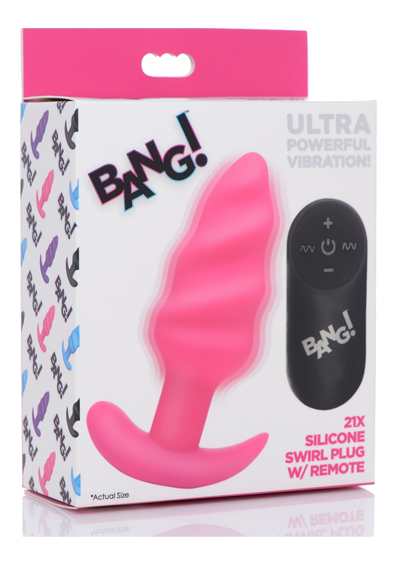 21X Vibrating Silicone Swirl Butt Plug with Remotel - Pink