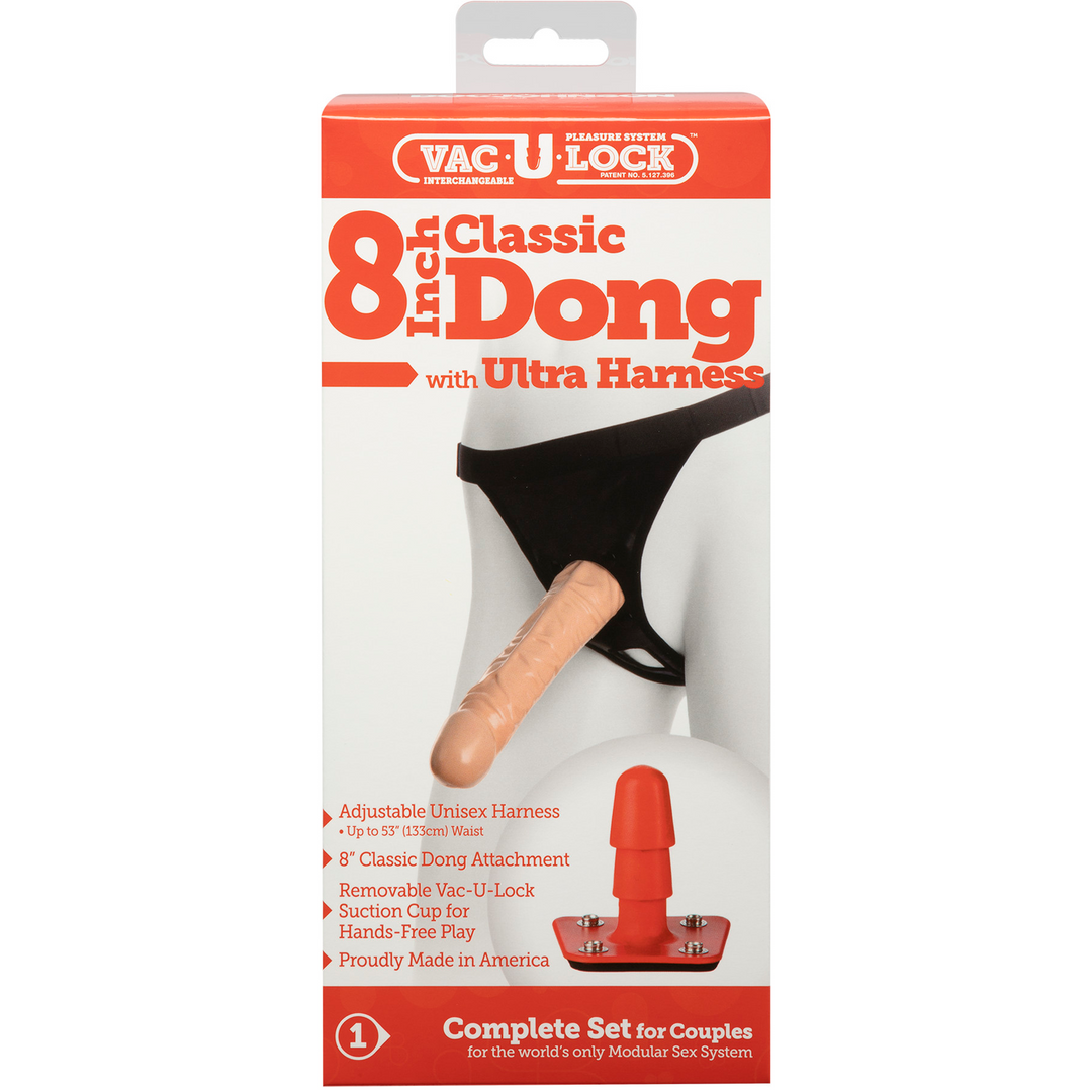 Vac-U-Lock - 8 Inch Classic Dong - With Ultra Harness - Flesh