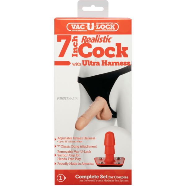 Vac-U-Lock - 7 Inch Realistic Cock - With Ultra Harness - Flesh