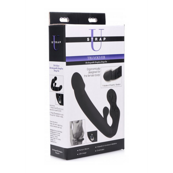 Tri-Volver Rechargeable Strapless Strap On - Black