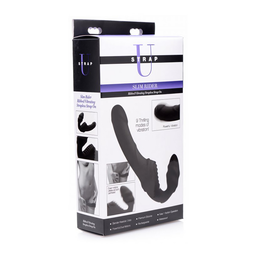 Slim Rider Ribbed Vibrating Strapless Strap-on - Black