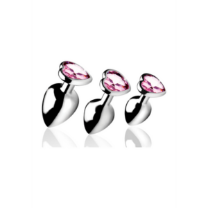 Pink Heart Gem Anal Plug Set - 3 pieces - Silver