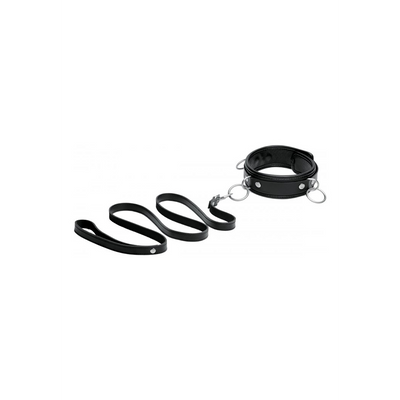 3 Ring Leather Collar with Leash - Black