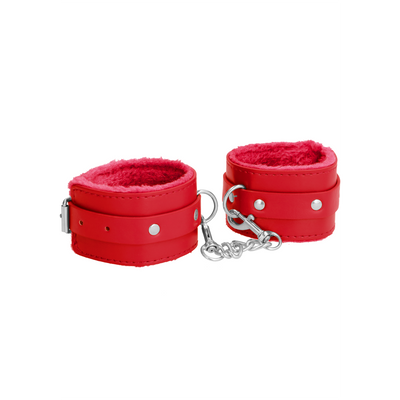 Ouch! Plush Leather Hand Cuffs - Red