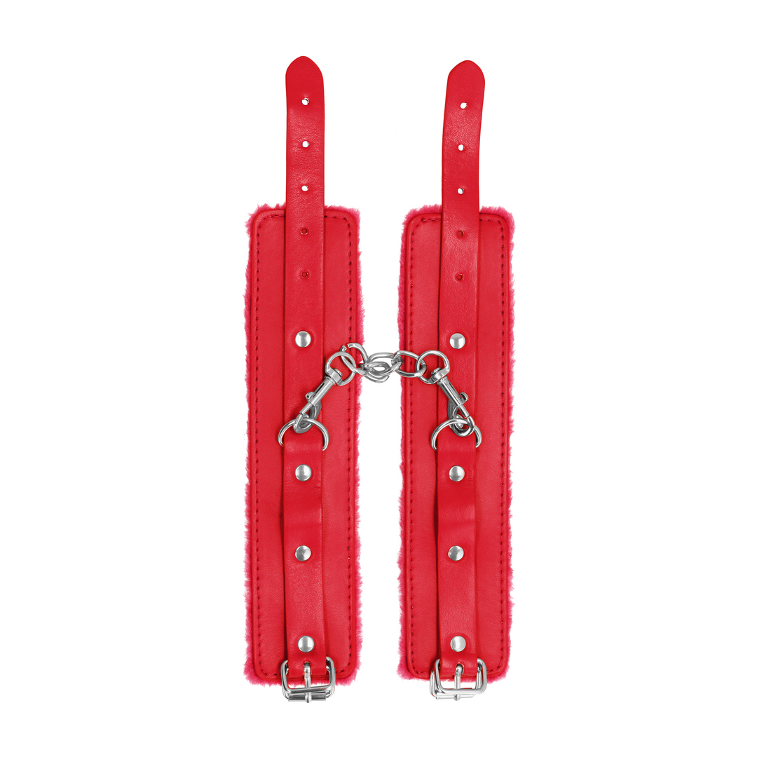 Ouch! Plush Leather Hand Cuffs - Red